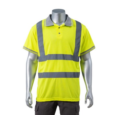 Hi Vis 3.8 oz. Class 2 Safety Polo Birdseye Mesh Shirt with 2" Reflective Tape