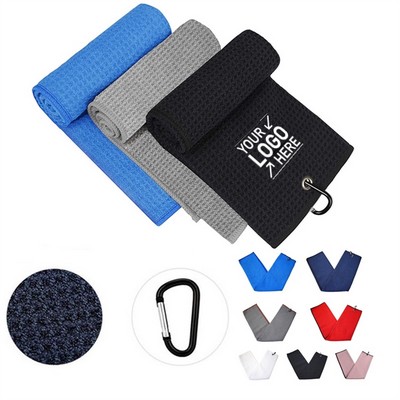 Large Tri-Fold Waffle Pattern Golf Towel with Carabiner Clip