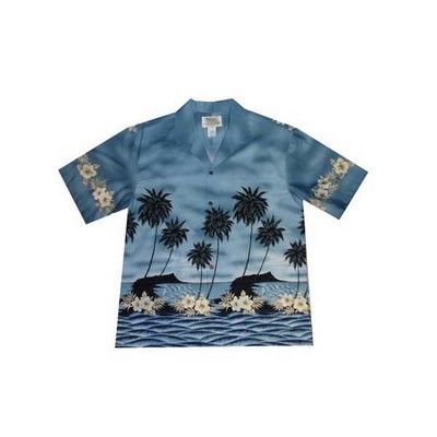 Blue Hawaiian Border Print Cotton Poplin Shirt w/ Button Front