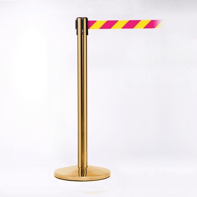 Crowd Control Polished Brass Pole W/ 11' Heavy Duty Diagonal Stripe Yellow/Magenta Belt