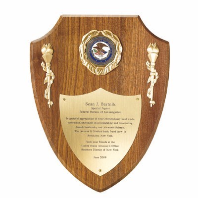 Walnut Shield Plaque w/Brass Shield Plate & 2" Diameter Insert Space (9"x 12")