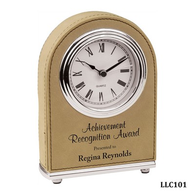 Light Brown Arch Desk Clock, Laserable Leatherette, 4" x 5-1/2"