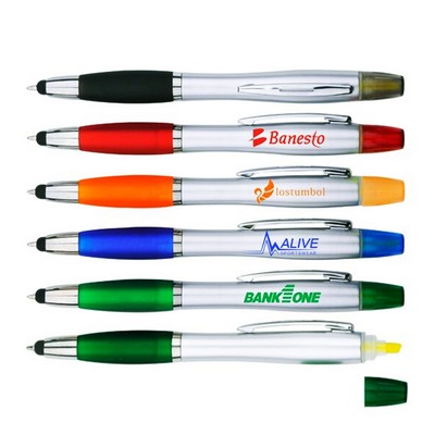 3-In-1 Plastic Twist Action Highlighter, Stylus & Ballpoint Pen