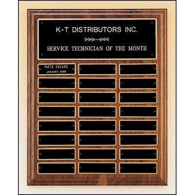 Solid American Walnut Perpetual Plaque w/12 Black Brass Plates & Squared Corners (9"x 12")