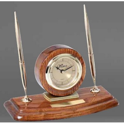 Large Walnut Desk Clock w/2 Pens