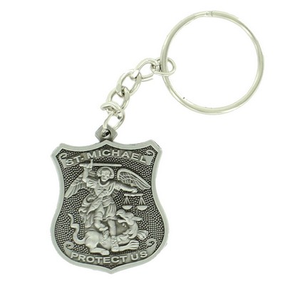 St. Michael Police Shield Antique Pewter Finish Keychain