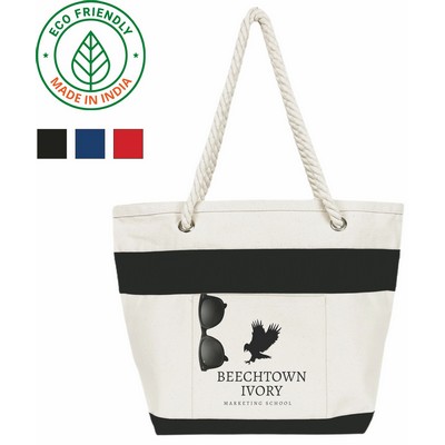 16 oz Cotton Canvas Tote Bag Black Trim - Eco Friendly Nautical Rope Tote 18 x 13 x 7