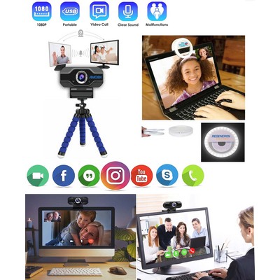 Kidder Webcam with Microphone for Desktop or Laptop Computers + Mini Ring Light (Blue)