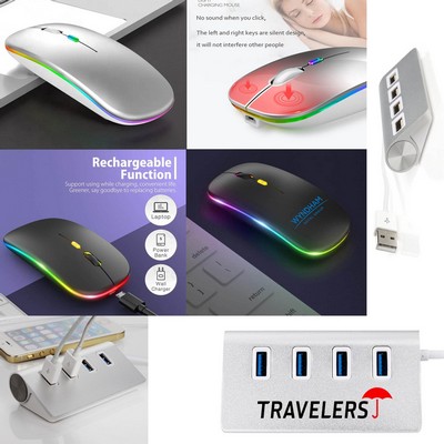 Kidder 4 Port USB Aluminum Hub + LED Wireless Mouse (Silver)