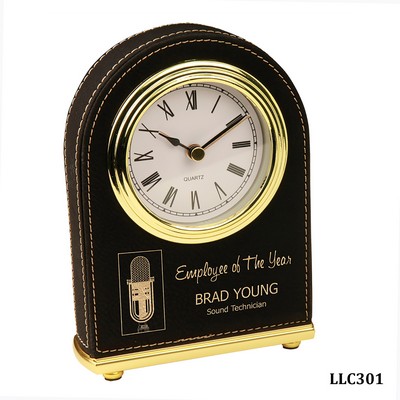 Black-Gold Arch Desk Clock, Laserable Leatherette, 4" x 5-1/2"