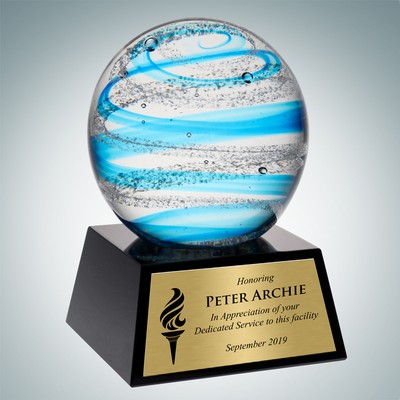 Art Glass Blue Jupiter Award w/Black Base & Gold Plate