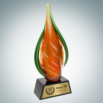 Art Glass Orange Creamsicle Award w/Black Base & Gold Plate