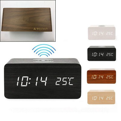 Wireless Charging Wood Led Clock