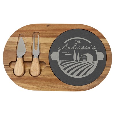 Acacia Wood And Slate Oval Cheese Set w/Two Tools