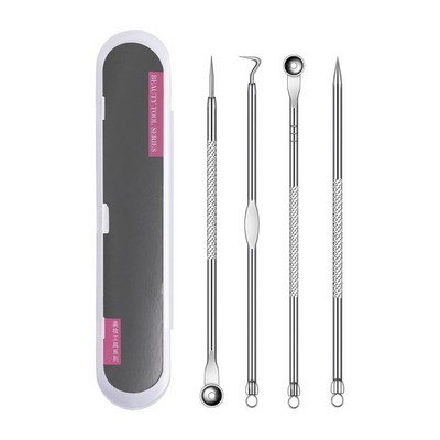 Stainless steel 4 in 1 pimple extractor needle tool kit into plastic case