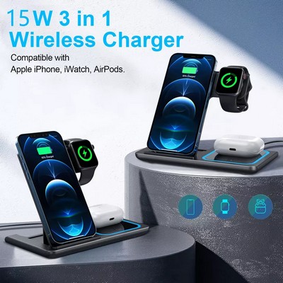 Foldable 15W 3 In 1 Fast Wireless Charging Station