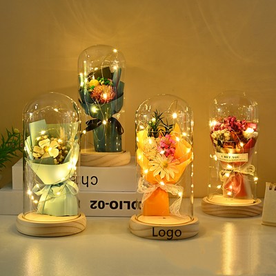 Natural Dried Flower Bouquet In Glass Dome Gifts For Women Enchanted Flower With LED Light