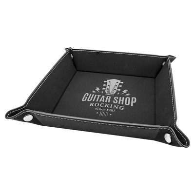 6" x 6" Black/Silver Laserable Leatherette Snap Up Tray with Silver Snaps