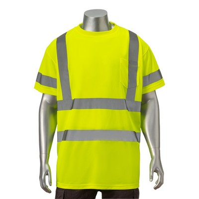 Hi Vis Class 3 - 3.8 oz. Polyester Double Band Reflective Tape Safety T-Shirt with Pocket