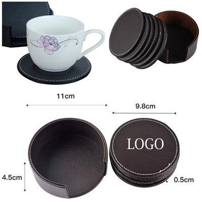 Set of 6pc Round PU Leather Coaster