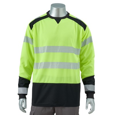 Hi Vis Excavator Class 3 Color Block Safety Long Sleeve T-Shirt With Segmented Tape