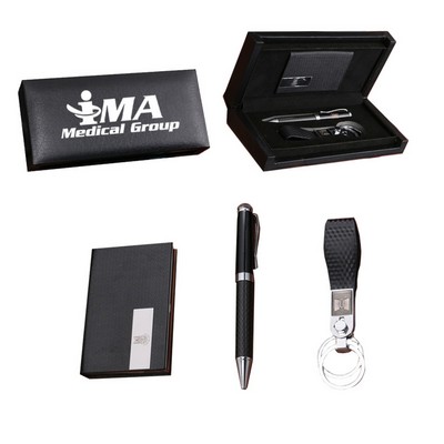 3Pcs Gift Case: Double Ring Key Chain, Carbon Fiber Pen & Business Card Case(Black in Stock)