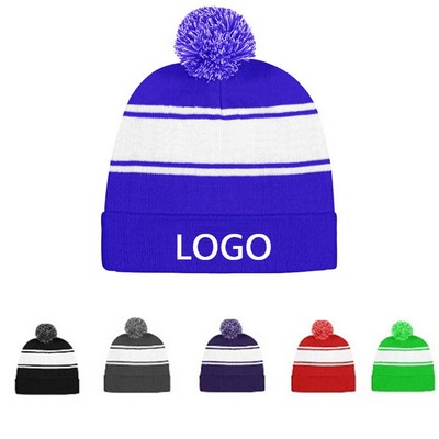 Two Tone Stripe Acrylic Winter Pom Pom Beanie Hat