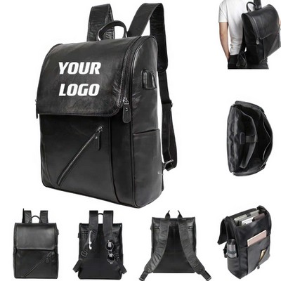 Black Genuine Leather Backpack Fit 14 " Laptop