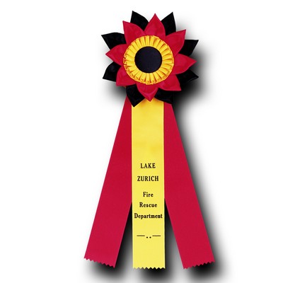 Custom Pleated, Double Flower Rosette Ribbon w/ 3 Streamers (7"x17")