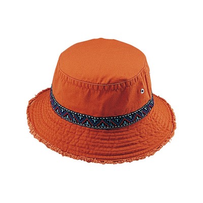 Cotton Twill Washed Bucket Hat w/ Frayed Brim & Jacquard Band