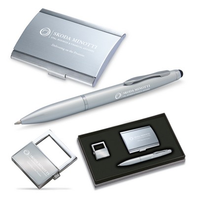 3-Piece Gift Set of Business Card Case, Stylus Ballpoint Pen and Key Holder