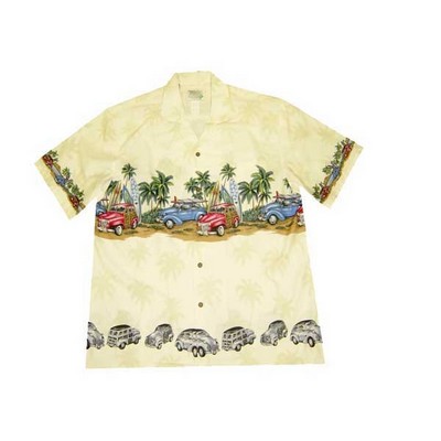 Cream Hawaiian Border Print Cotton Poplin Shirt w/ Button Front