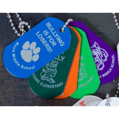 2 1/4" x 1 1/8" Military Style Aluminum Dog Tag shaped Key Tag w/ 4" Chain-Laser Engraved Imprint.