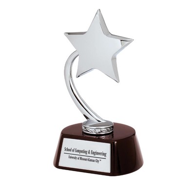 Trophy Award - Silver Metal Flying Star on High Gloss Piano Wood Finish Stand