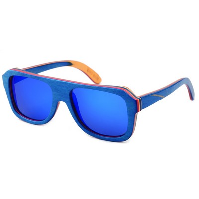 Square Layered Maple Wood Sunglasses - Blue Frames & Mirrored Lenses