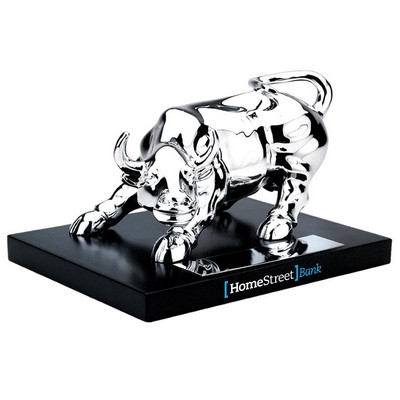 Silver Plated Bull On Wooden Base