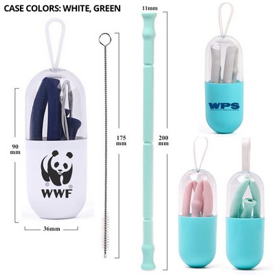 Collapsible Silicone Straw Set W/ Brush. Comes In Trendy Capsule Case