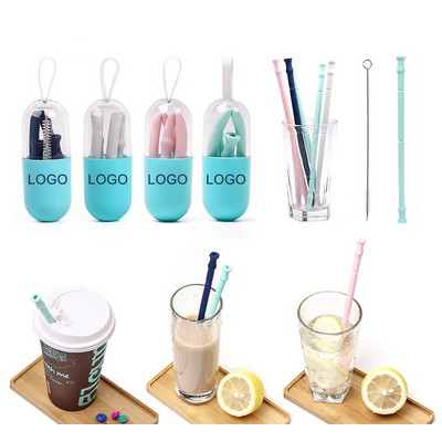 Silicone Collapsible Straw With Clean Brush In Capsule Case