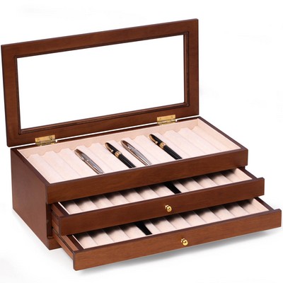 Three level cherry wood 36 pen storage case with glass top