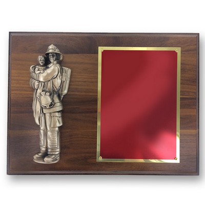 Fire Fighter Holding Child on Walnut Veneer Plaque (9" x 12")