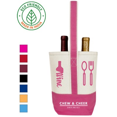 16 oz Cotton Canvas Two Bottle Wine Tote Pink Trim - Eco Friendly Premium Wine Bag 10 x 8.5 x 3.5