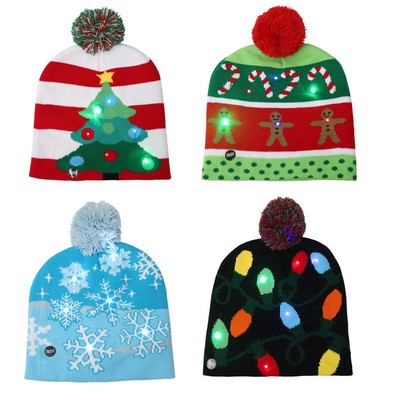 LED Lights Glowing Christmas Hat With Pom Pom