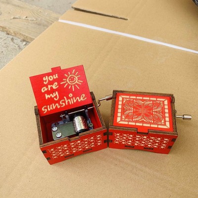 Handmade Engraved Wooden Music Box Hand Crank Wood Crafts