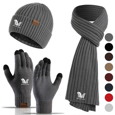 Winter Beanie Hat+ Scarf+Touch Screen Gloves Set