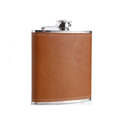 8 Oz Hip Flask For Liquor Gift Set With Leather Cover