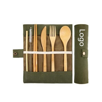 Reusable Bamboo Utensil Kit w/Knife, Fork, Spoon, Chopsticks & Reusable Straw