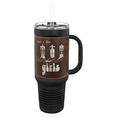 Polar Camel 40 oz. Black with Rustic/Silver Laserable Leatherette Travel Mug with a Handle, Strw Inc