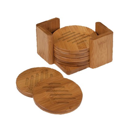 Bamboo Round 6-Coaster Set with Holder