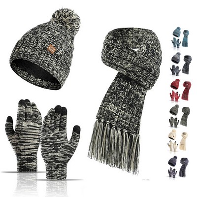 Winter Knitted Beanie Touch Gloves Scarf Set