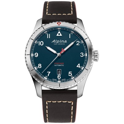 Alpina Mens Automatic Startimer Leather Strap Watch, Blue Dial